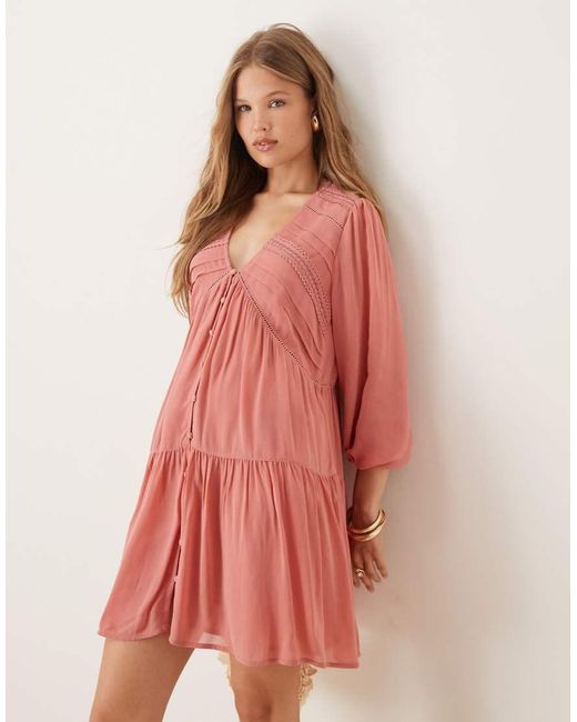 Nobody's Child Pink Marley Boho V-Neck Mini Dress