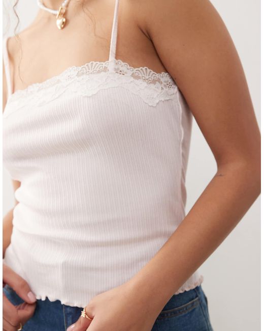 Miss Selfridge Blue Lace Trim Rib Cami Top