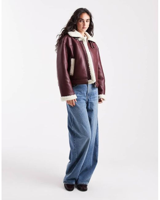 Pieces Red Leather Look And Borg Mix Short Jacket