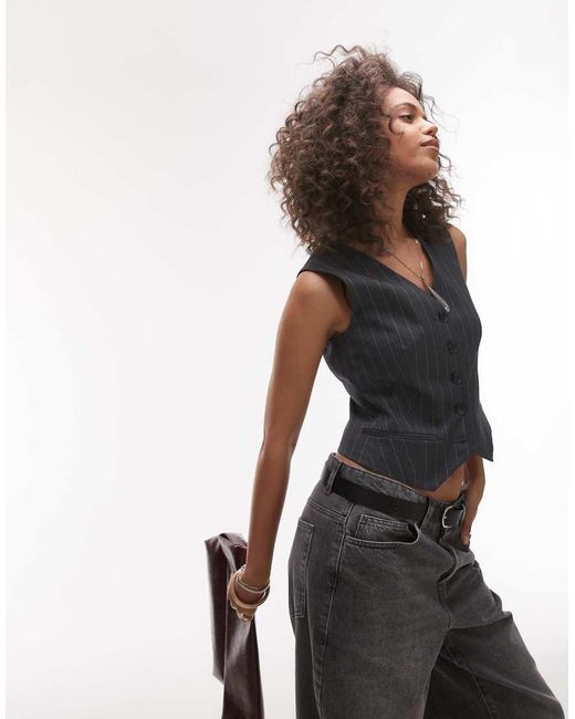 Chaleco De Traje Entallado A Rayas Con Cuello De Pico De (Parte De Un Conjunto) TOPSHOP de color Black