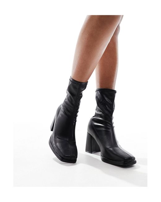 Truffle Collection Black Block Heel Square Toe Sock Boots