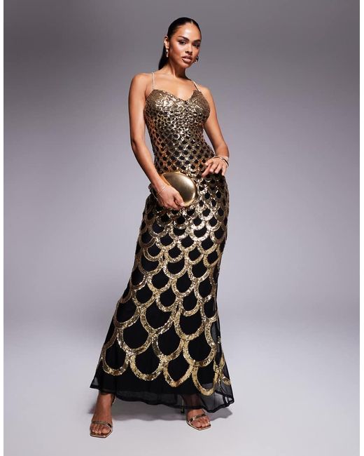 Goddiva Metallic Diamante Strap Fish Scale Sequin Maxi Dress
