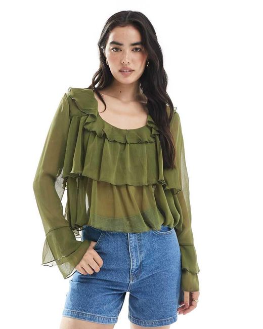 Miss Selfridge Gelaagde Top Van Chiffon Met Gestrikte Voorkant in het Green