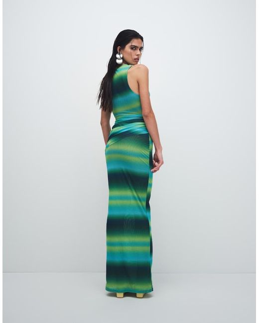 Ruched & Ready Blue Mesh Cross Front Racer Drape Waist Detail Maxi Dress
