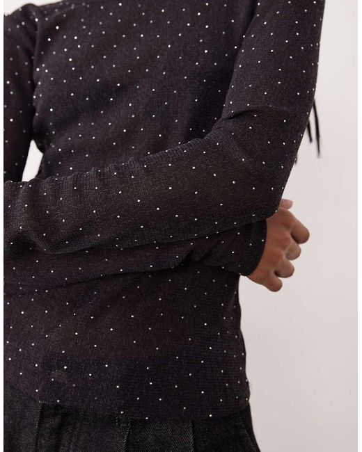 Gina Tricot Black Slim Fit Long Sleeve Rhinestone Sheer Top