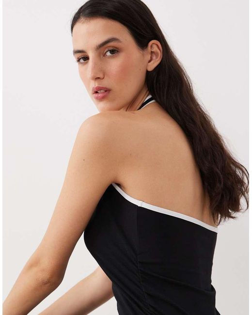 ASOS Black Halter Midi Dress With White Contrast Trim
