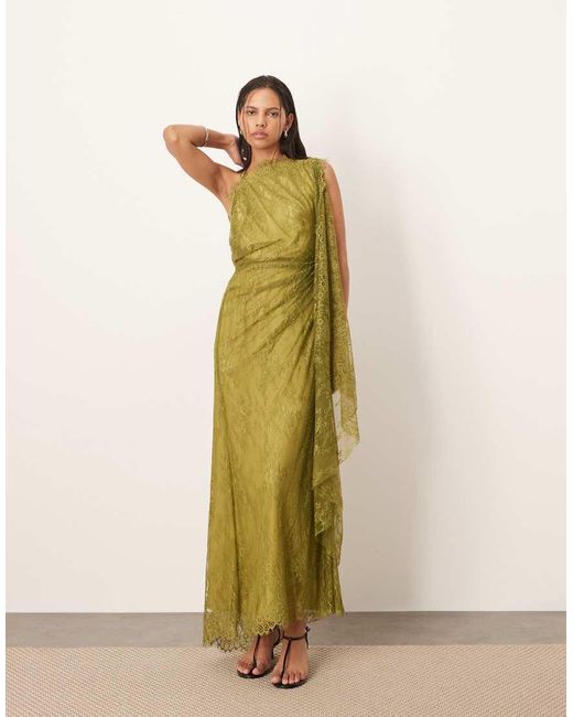 ARRANGE Green Backless Lace Draped Maxi Dress With Scallop