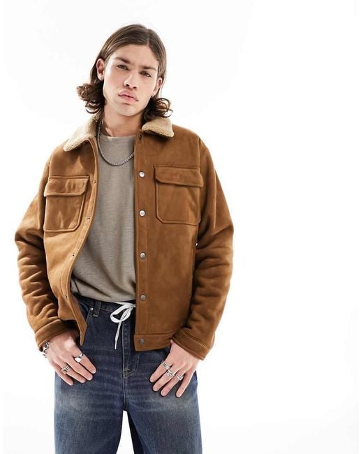 Pull&Bear Brown Suede Trucker Sherling Jacket for men