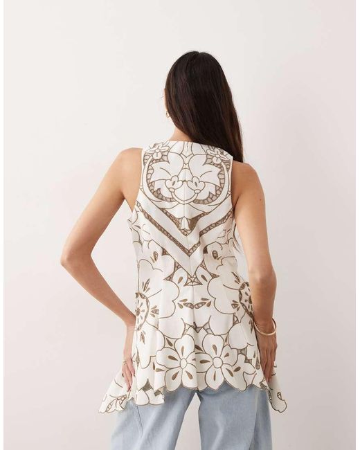 ARRANGE Natural Cutwork Embroidered Longline Trapeze Hem Top