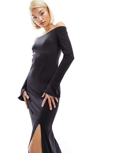 Monki Black Off The Shoulder Long Sleeve Midi Side Split Dress