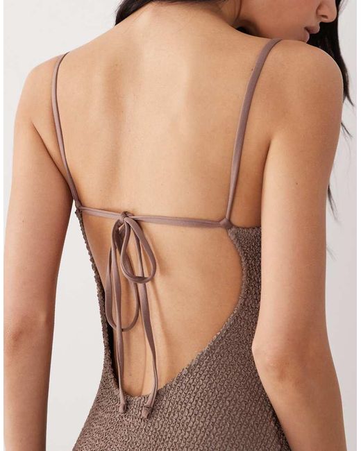 Mango Brown Crinkle Textured Tie Back Swimsuite
