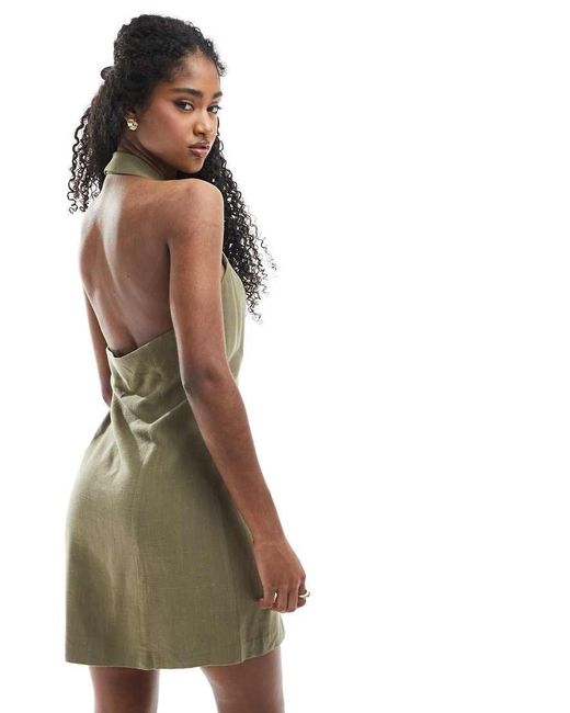 Miss Selfridge Green Linen Blend Collared Halter Mini Dress Khaki