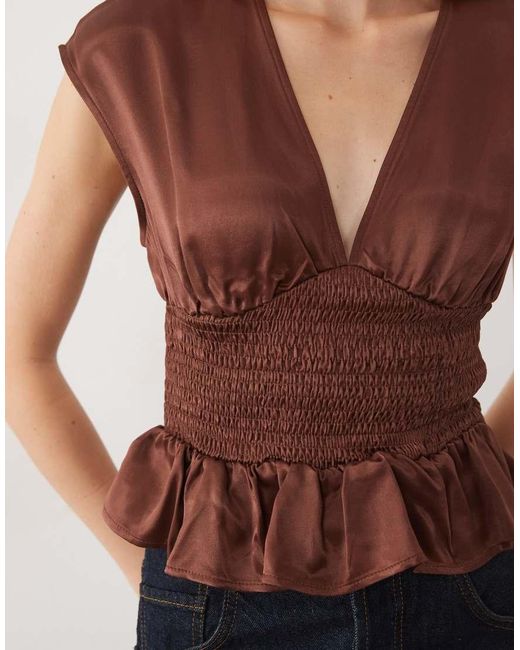 Miss Selfridge Natural Satin V Neck Top With Shirred Waist