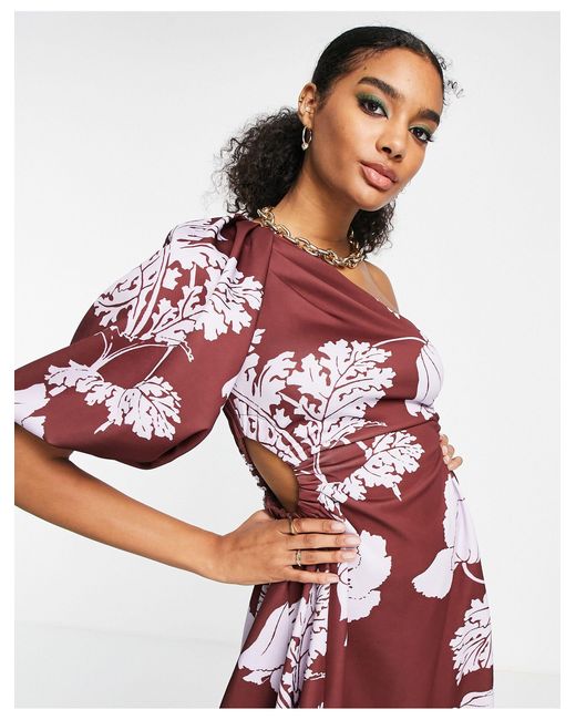 Vestito skater midi monospalla con manica a sbuffo e cut-out laterale con  arricciatura e stampa a fiori invernali di ASOS in Rosso | Lyst