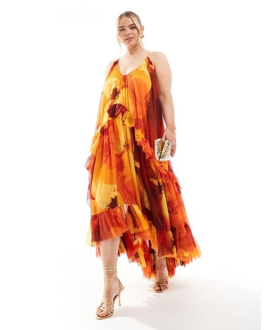 ASOS Orange Asos Design Curve Scoop Neck Trapeze Maxi Dress With Frill