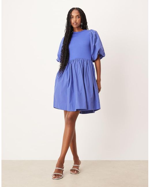 Vestido Corto Azul Con Mangas Abullonadas De Punto Liso Y Algodón De Y.A.S de color Blue