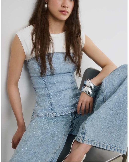 Stradivarius Blue Shimmery Denim Bustier Top