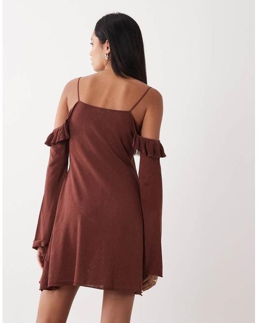 Miss Selfridge Pink Premium Linen Blend Knit Ruffle Cold Shoulder Mini Dress