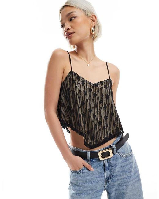 Miss Selfridge Black Lace Floaty Split Back Cami Top