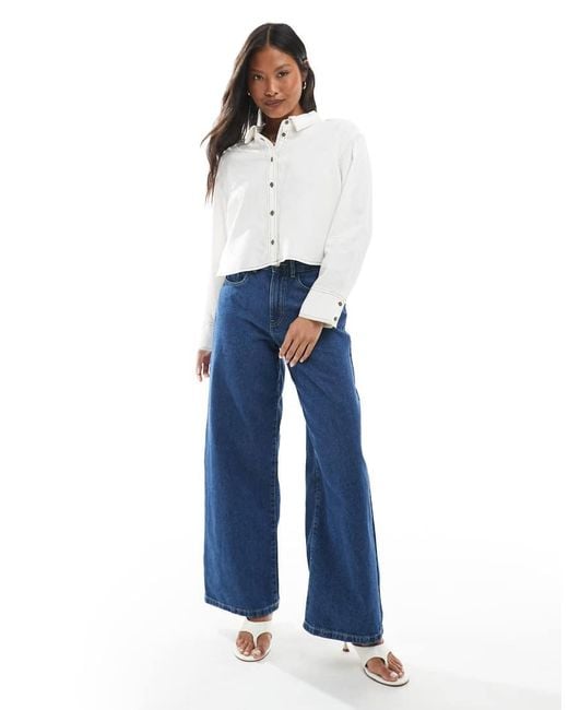 Only Petite White Linen Cropped Shirt With Contrast Stitch