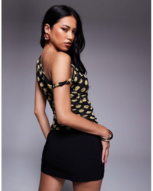 Kaiia Black Exclusive Double Layered Slinky Mesh Twist Off Shoulder Top