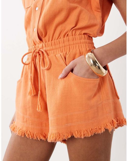 Noughts & Kisses Orange Cotton Rich Frayed Shorts Detail Sleeveless Playsuit