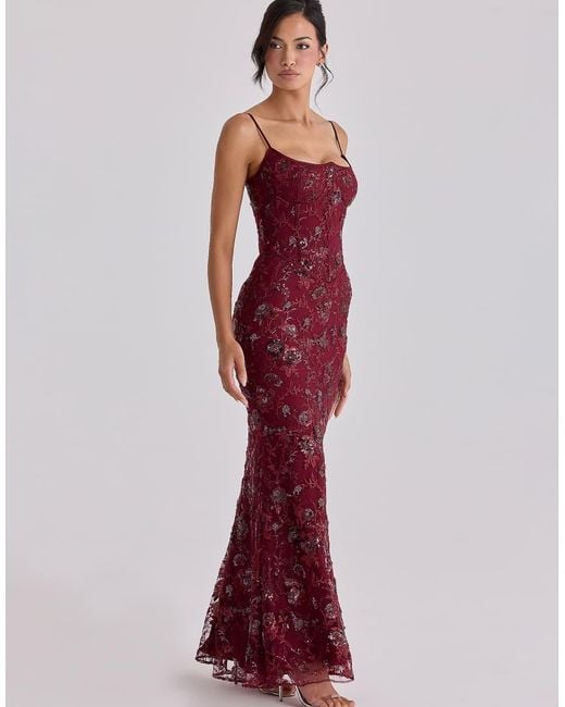 House Of Cb Red Naima Wine Hand Beaded Embellished Corset Maxi Dress
