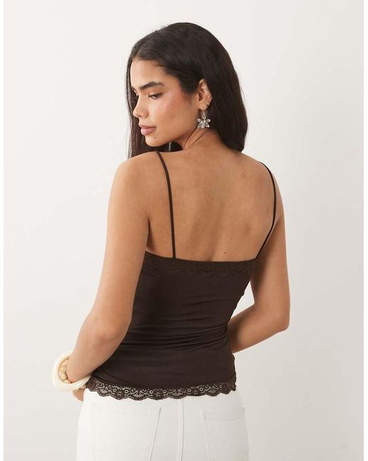 Mango Black Square Neck Lace Trim Cami Top