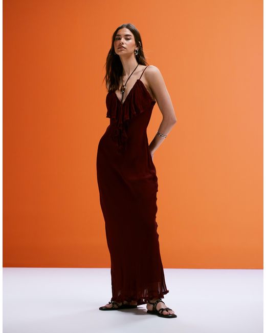 Mango Orange Ruffle Front Maxi Dress