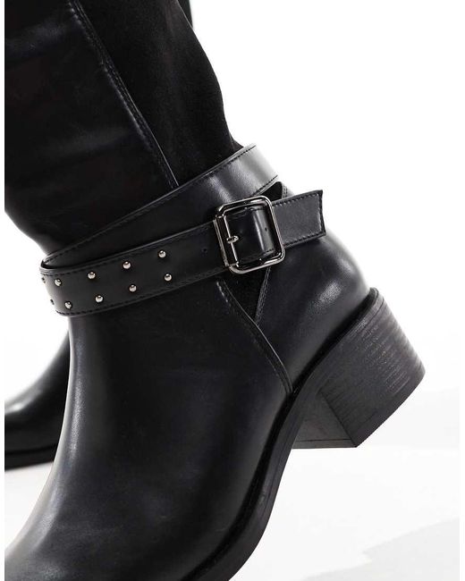Yours Black Block Heel Buckle Biker Boots