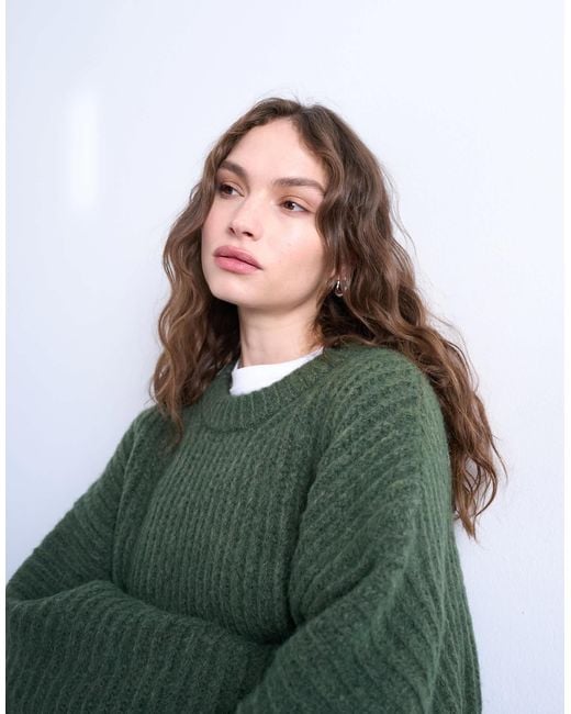 TOPSHOP Green Knitted Oversized Ribbed Balloon Sleeve Jumper