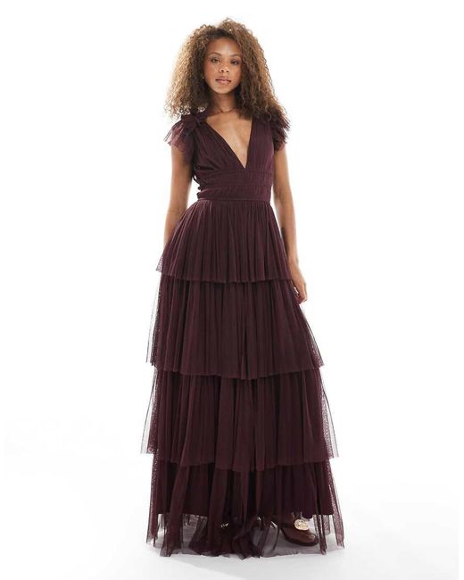 LACE & BEADS Purple Bridesmaid Ruffle Tiered Tulle Maxi Dress