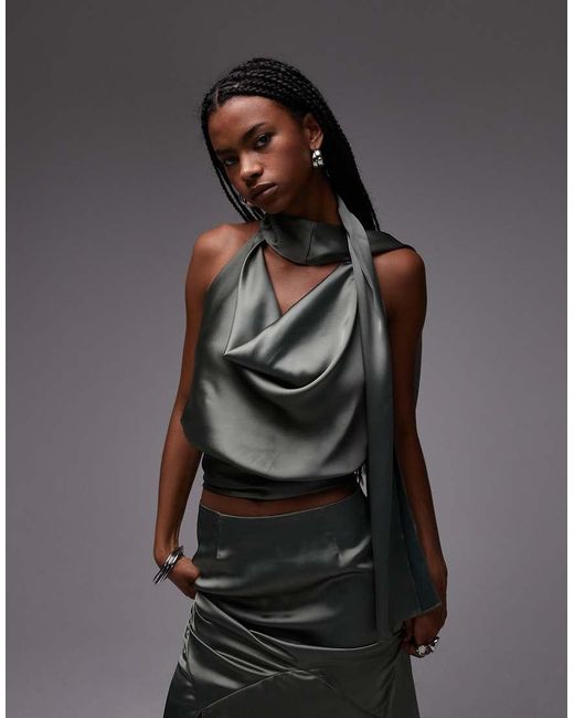 ASOS Gray Satin Drape Scarf Top