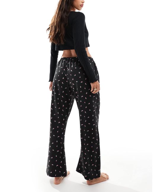 Wednesday's Girl Black Rose Print Trouser And Pointelle Top Pyjama Set