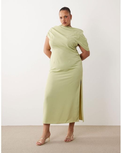 ASOS Asos Design Curve Fallen Shoulder Slinky Midi Dress in Green