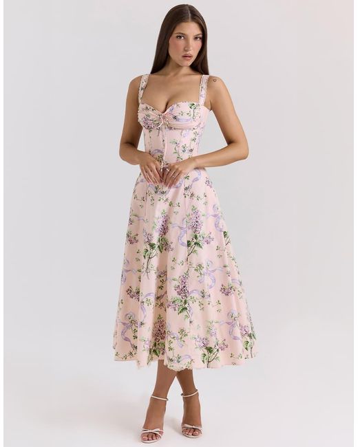 House Of Cb Pink Rosalee Corset Midi Dress