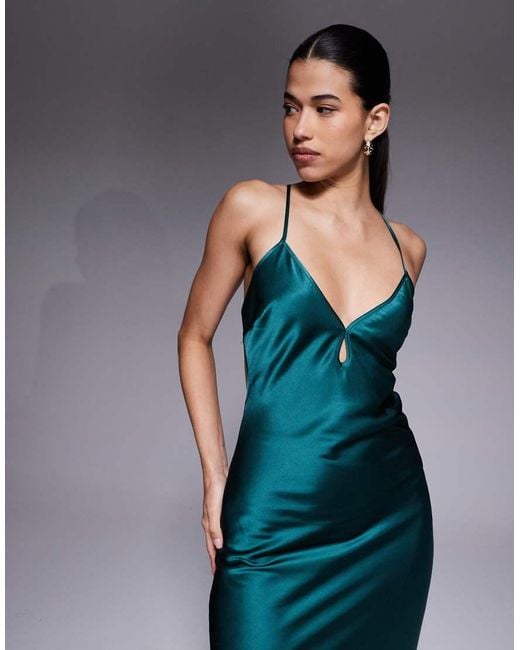 Aria Cove Blue Satin Keyhole Detail Open Strappy Back Maxi Dress
