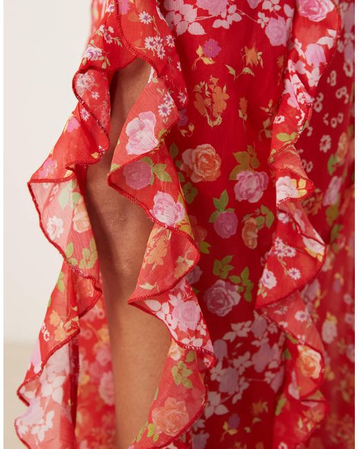 ASOS Red Asos design tall – chiffon-maxirock mit blumenprint und rüschen