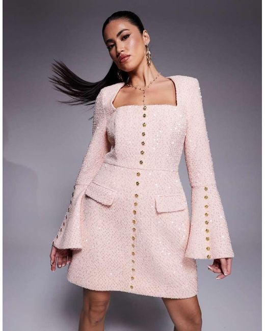 Lavish Alice Pink Sequin Boucle Fluted Sleeve Mini Dress