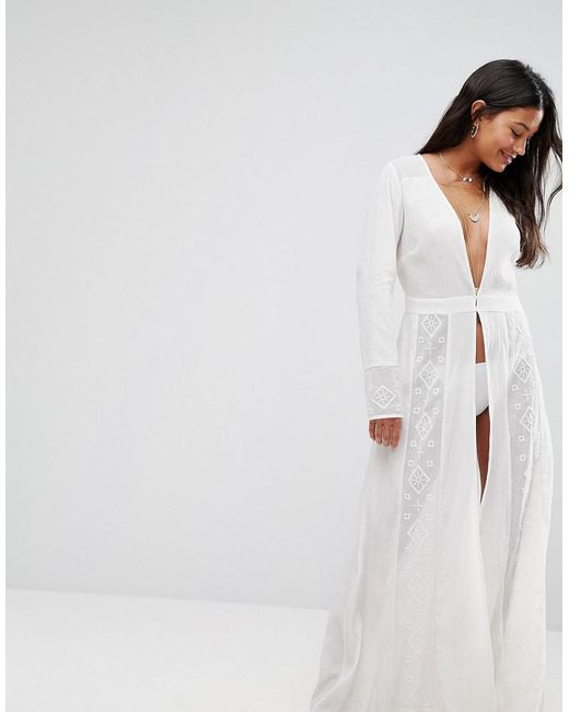 ASOS Beach Premium Embroidered Maxi Cover Up With Long Sleeves in White |  Lyst UK
