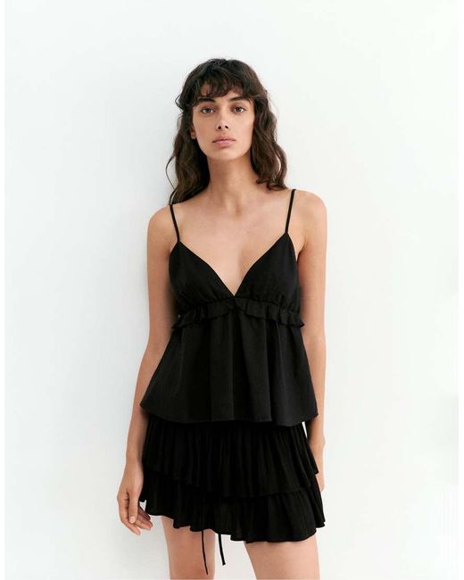 Pull&Bear Black Linen Blend Ruffled Top