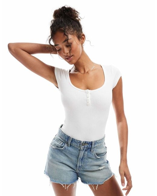 Miss Selfridge White Button Detail Short Sleeve Rib Bodysuit