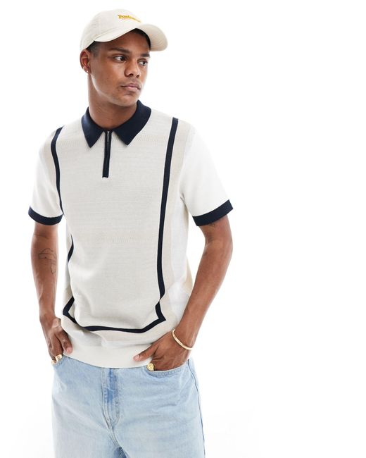 SELECTED White Knitted Zip Polo for men