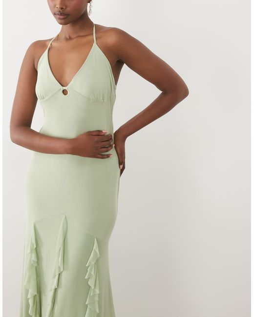 ASOS Green Mesh Frill Maxi Dress With Halter Straps