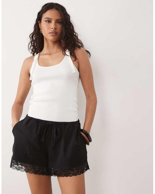 ASOS Black Satin Lace Trim Draw Cord Shorts Co-ord