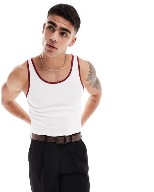 ASOS White Muscle Fit Ribbed Tank Top With Contrast Binding for men