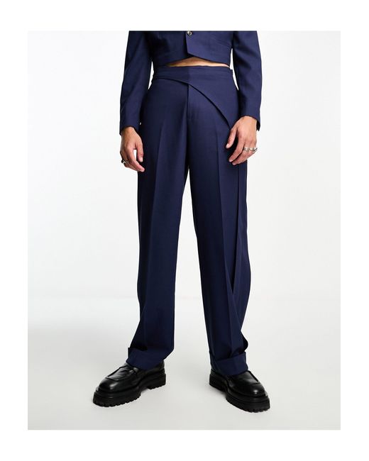 ASOS Blue Wide Panel Belt Suit Trouser for men