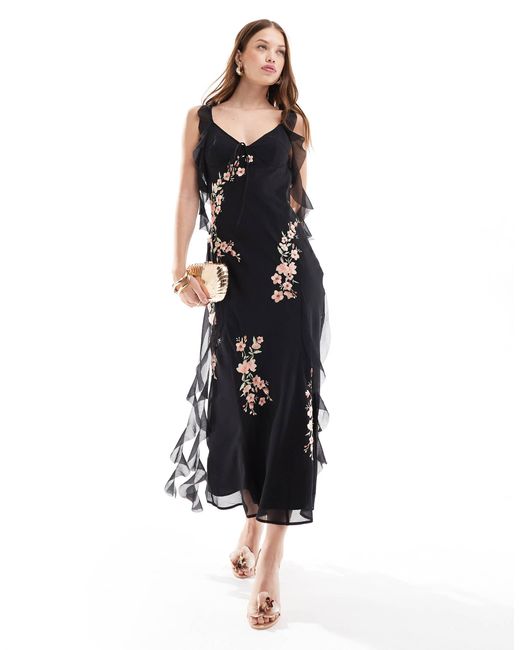 ASOS Black – besticktes, wadenlanges kleid