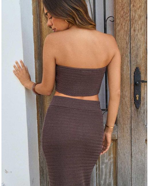 4th & Reckless Brown X Luana Barron Cotton Rich Knitted Bandeau Bead Detail Cut Out Beach Crop Top Co-ord