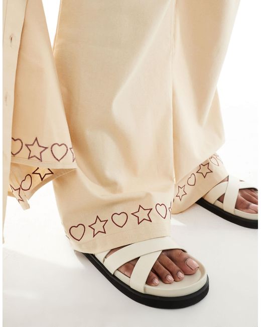 Exclusivité - pantalon d'ensemble ample en lin mélangé avec détails brodés - beige Renee Studio en coloris Natural